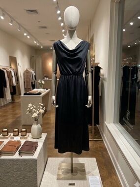 Cowl Neck Black Midi Dress with Elastic Waist